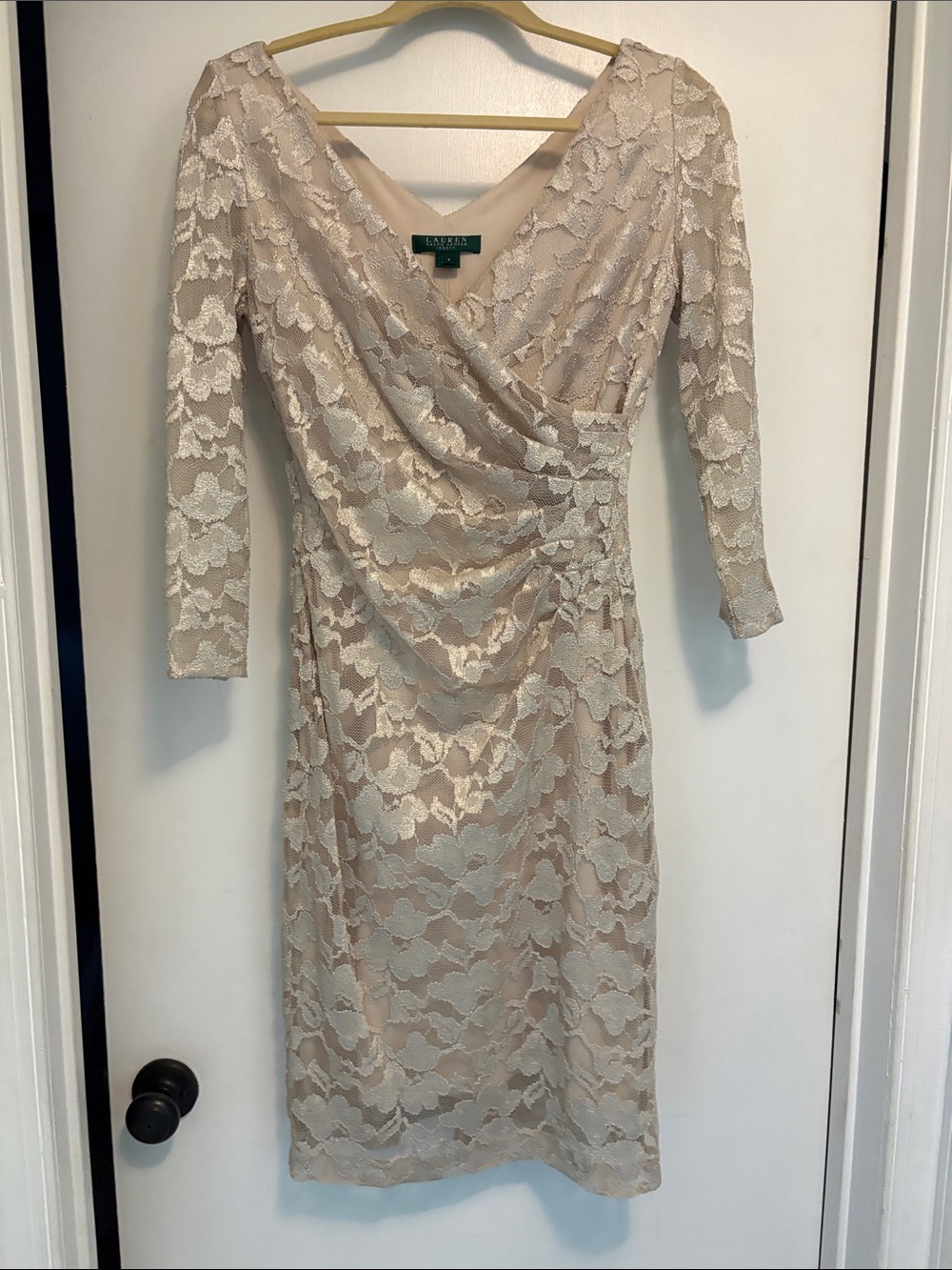 Lauren Ralph Lauren Champagne Lace Wrap-Style Midi Dress